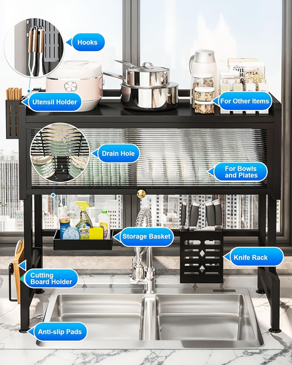 Kitchen Sink Dish Rack, Dust Proof Lid With Multi Organizer