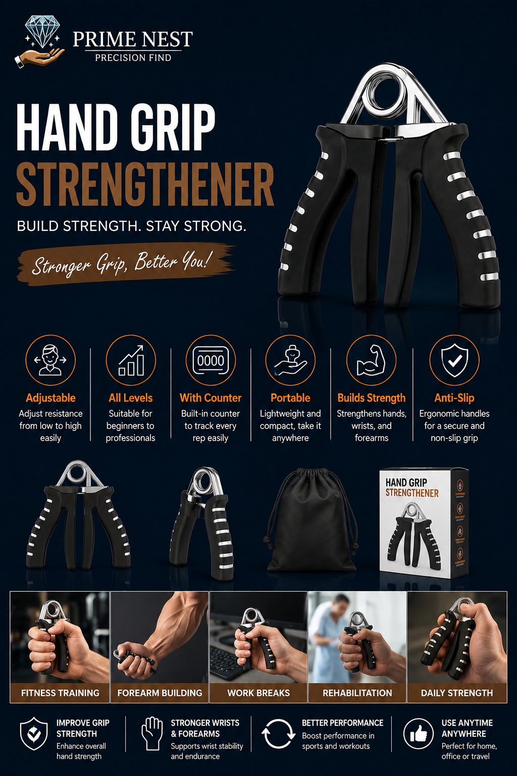 Adjustable Hand Grip Strengthener With Counter (1 Pc)