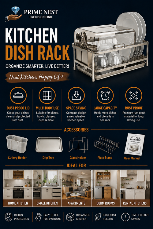 Kitchen Sink Dish Rack, Dust Proof Lid With Multi Organizer