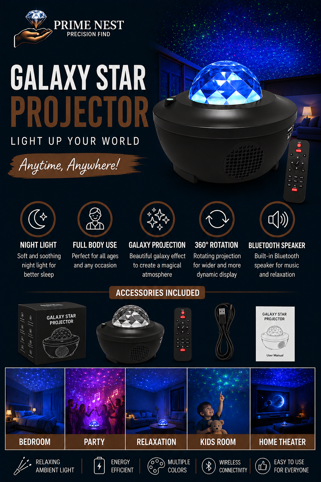 🌌 Remote Control Galaxy Star Projector Lamp with Bluetooth Speaker