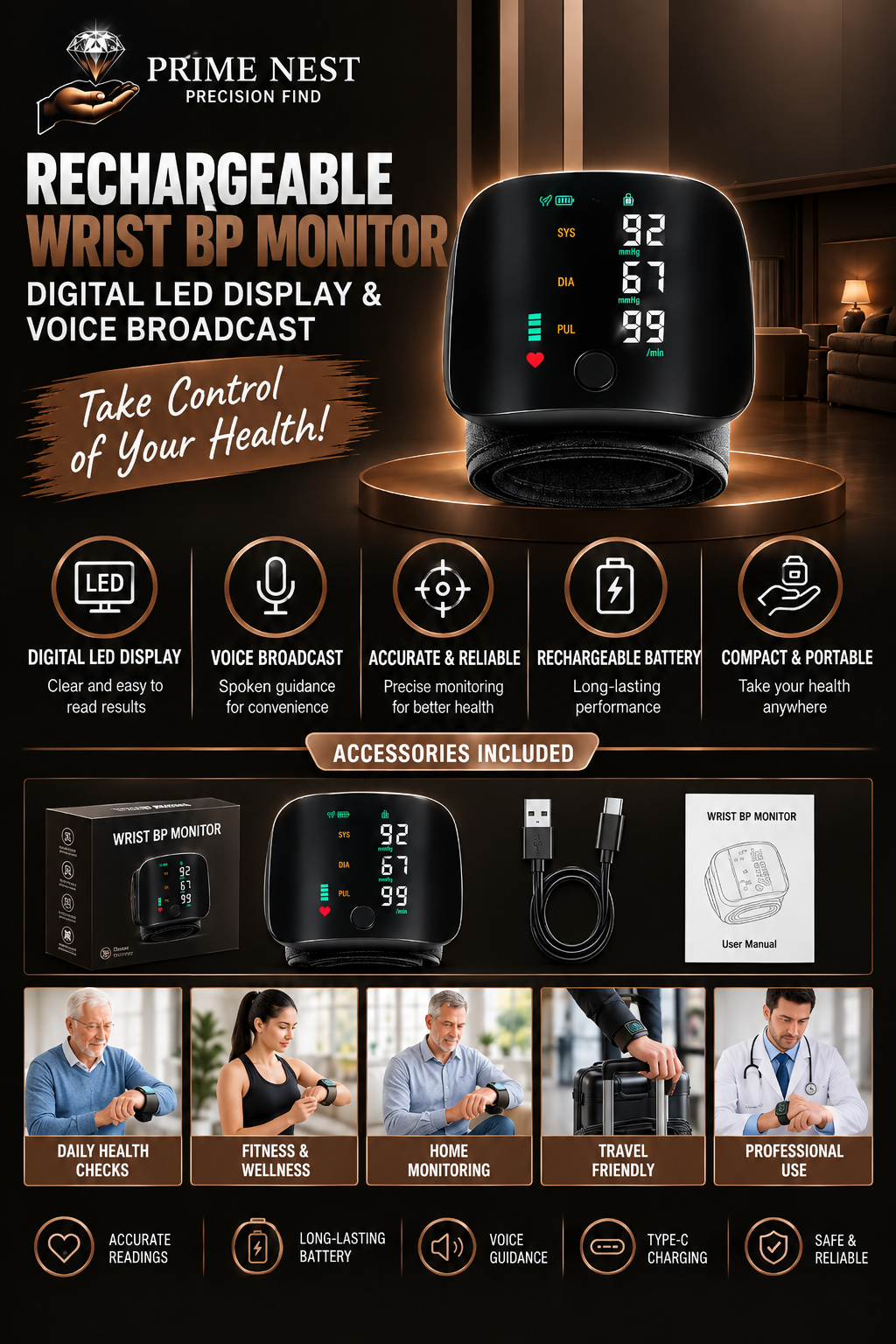 Rechargeable Wrist BP Monitor – Digital LED Display & Voice Broadcast